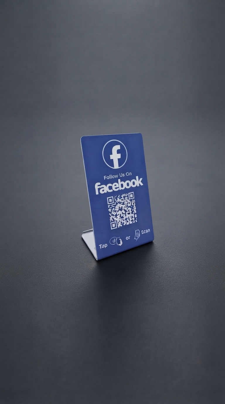 Blue Facebook follow stand with QR code and tap instructions