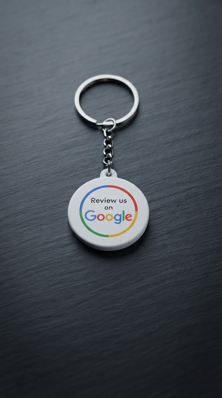 Round white Google review keychain on a keyring