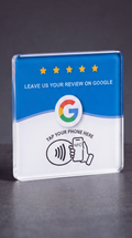 Blue acrylic Google review card, tap to review