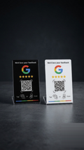Black and white Google review stands, tap or scan