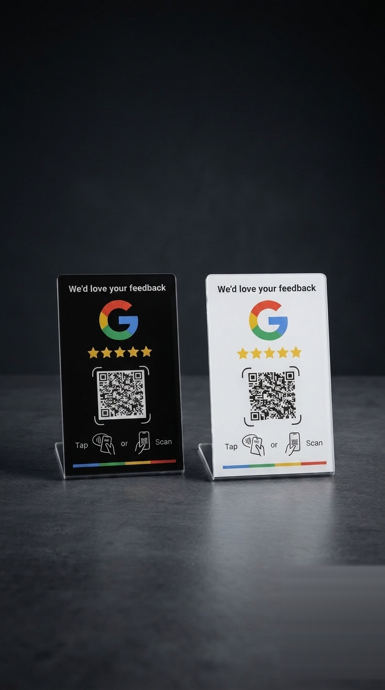 Black and white Google review stands, tap or scan